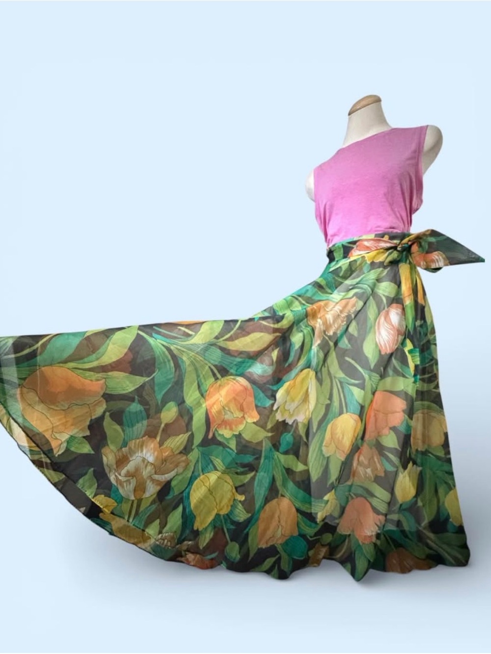 Vintage Floral Wrap Maxi Skirt in Green and Orange
